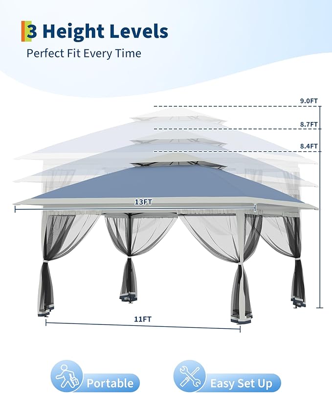 Canopy Tent 13x13 ft, Pop Up Gazebo One-Push Setup with 4 SandBags for Backyard Parties and BBQs, Mosquito Netting & Height Adjustable - Navy Blue