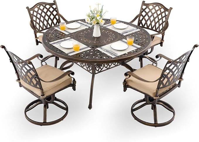 5-Piece Cast Aluminum Patio Furniture, Patio Dining Set for 4 Include 54" Round Outdoor Dining Table and 4 Swivel Chairs with Cushions & Umbrella Hole (Bronze)