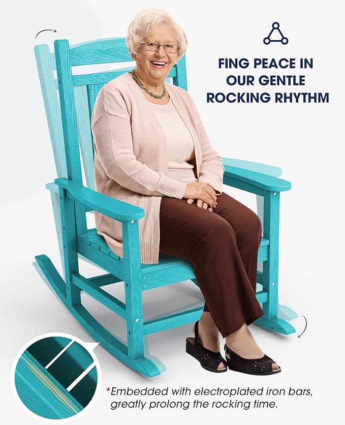 KINGYES Outdoor Rocking Chair Set of 2, High Density Polyethylene Patio Rocking Chairs with 330lbs Support for Adults, Aruba Blue