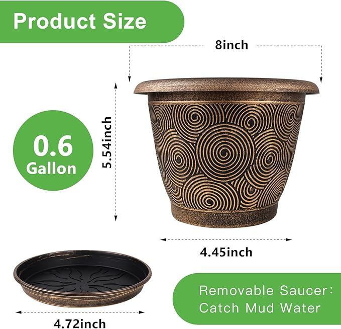 8 Inch Flower Pots Planters for Indoor Outdoor Plants, 4 Pack Plastic Small Plant Pots with Drainage Hole & Tray, Modern Decorative Garden Pot with Saucer, Plant Container for House