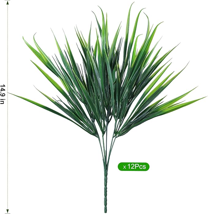 12Pcs Artificial Plants Outdoor Fake Plastic Grass Spring Decoration UV Resistant Faux Greenery Stems Bushes Outside Fake Plants for Planters Patio Porch Window Box Pathway Garden Home Decor, Green