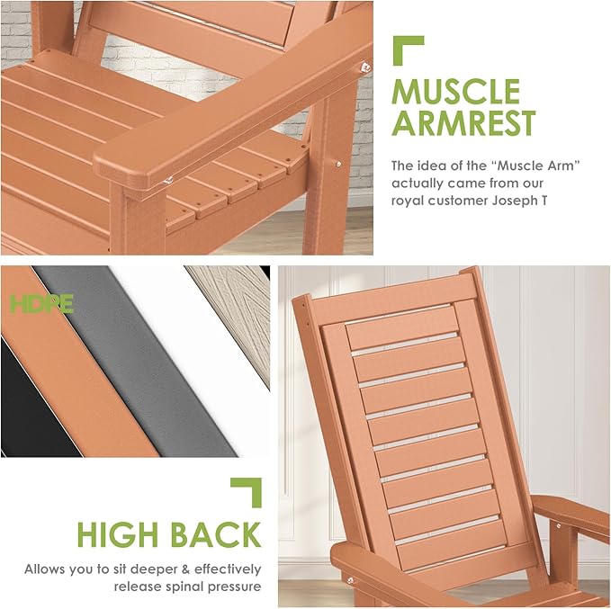 GREENVINES Outdoor Rocking Chairs | Set of 2 | Porch Rocker | HDPE Plastic | Teak | Oversized Rockers | High Back | Big & Tall | Ladder Back | for Patio Outside Backyard Balcony Garden
