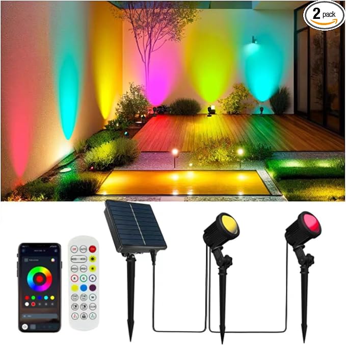 Smart Landscape Spotlights,Solar Low Voltage IP67 Waterproof Outdoor Spot Lights Compatible with APP/Remote Control Color Changing Lights for Yard Garden Pathway Lawn Tree Festival 2pack
