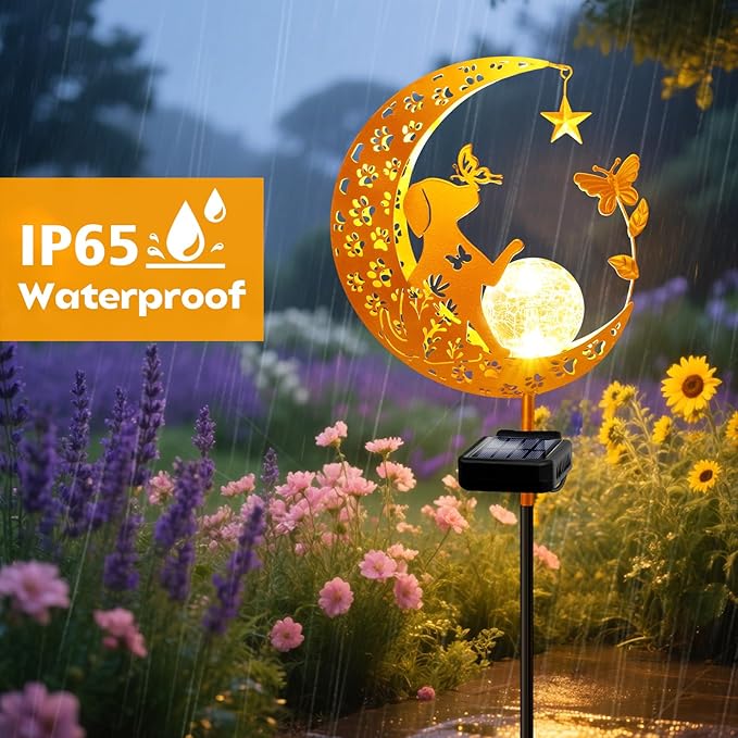 YJFWAL Garden Solar Dog Lights Pathway Stake Lights Glass Globe with Moon Cat Decor, Christmas Gift for Mom Grandma Friends, Outdoor Decor Light Waterproof for Walkway, Patio or Garden (Warm White)