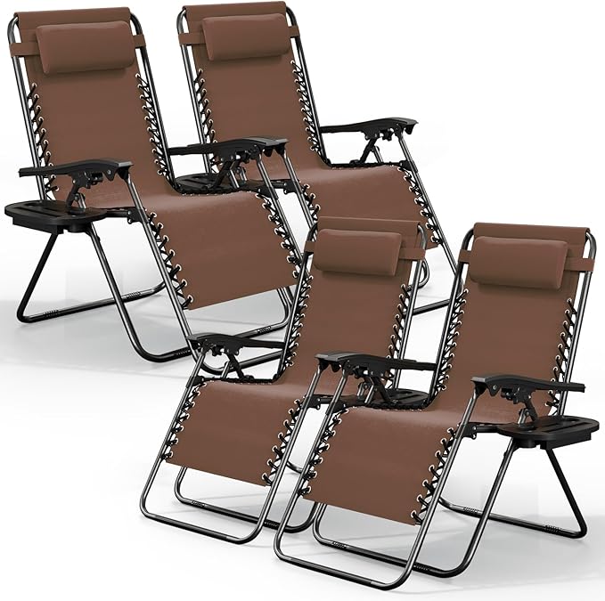 Nestl Zero Gravity Chairs Set of 4, Patio Lounge Chair Outdoor with Pillows & Cup Holder Trays, Adjustable Steel Mesh Reclining Camping Chair, Folding Patio Lawn Chair for Deck, Beach, Yard - Brown
