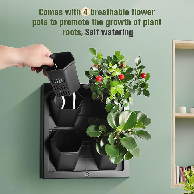 Wall-Mounted Vertical Garden Planter – Ready-to-Use Indoor Wall Planter with 4 Grow Pots – Perfect for Herbs, Succulents & Flowers – No Assembly Required(Black)