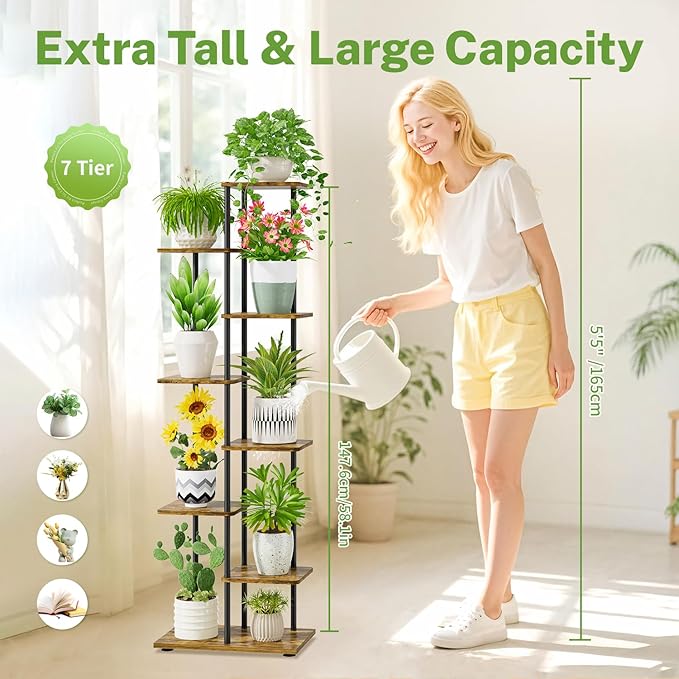 iDavosic.ly 7 Tier Tall Plant Stand Indoor, Tiered Corner Metal Wood Multiple Flower Holder Shelf, 58 Inch Orchid Display Rack for Patio Porch Living Room Balcony Outdoor, Modern Black & Rustic Brown