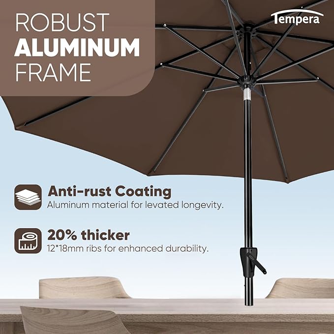 Tempera Patio Market Outdoor Table Umbrella with Auto Tilt and Crank, Large Sun Umbrella with Sturdy Pole & Fade Resistant Canopy, Easy to Set
