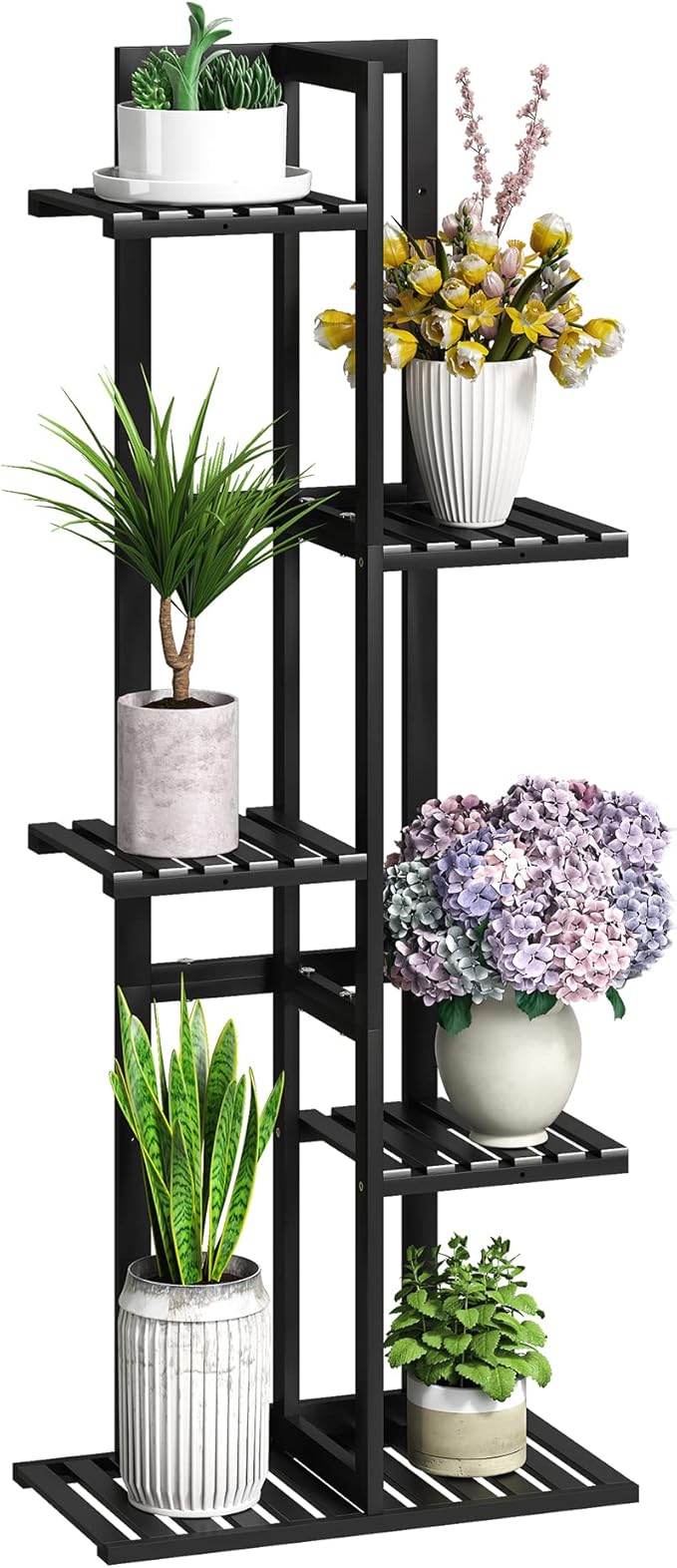 BMOSU Bamboo Plant Stand for Indoor Outdoor Plants Corner Tall Plant Shelf 6 Potted Holder Shelf Plant Rack Holder Display Rack(Black)