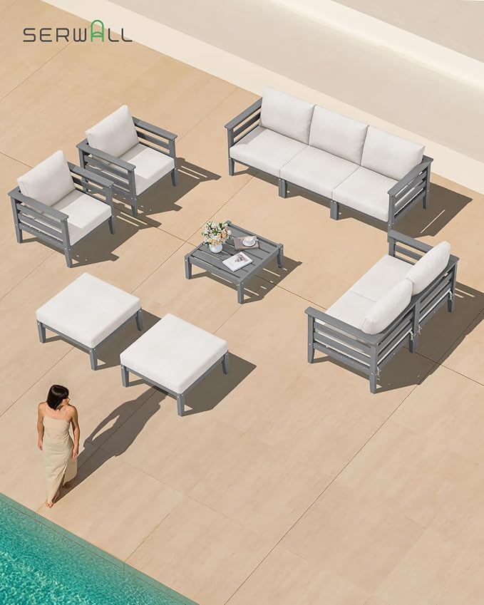 SERWALL HDPE Patio Furniture Set, 4 Pieces Outdoor Sectional Sofa Set, All-Weather Wood-Like Outdoor Sofa Couch with Coffee Table for Deck, Lawn, Grey Frame with Khaki Cushion