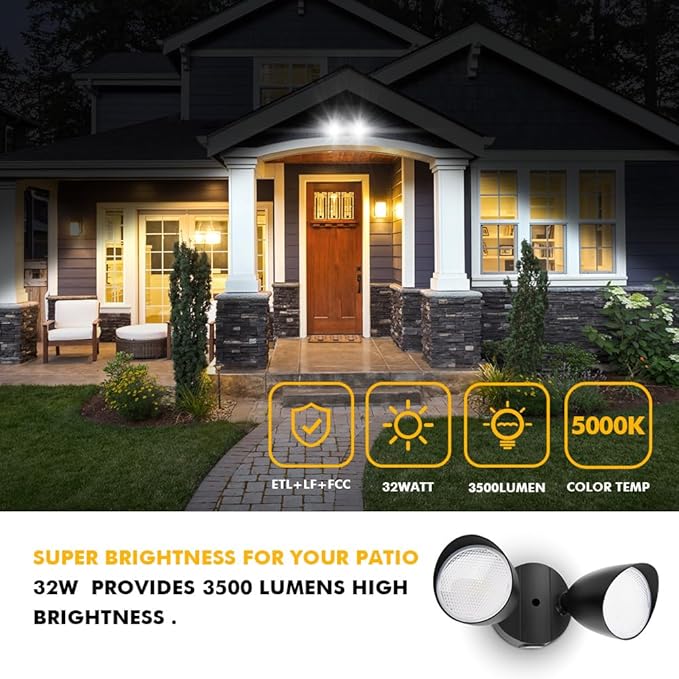 LUTEC 6222B-D2D 3500 Lumen 32 Watt Dusk to Dawn Dual-Head Flood Light Outdoor Waterproof Exterior Security Floodlight Light, Full Metal Design for Patio, Garden, Yard-Black