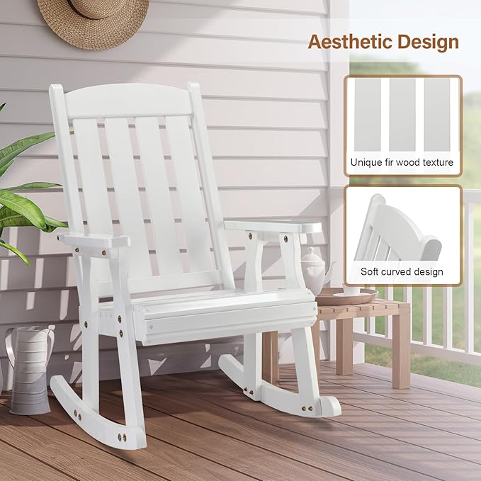 VINGLI Heavy Duty 600 LBS Outdoor Wooden Rocking Chair with Higher Backrest,Patio Rocking Chair with Ergonomic Design, Weatherproof Outdoor Rockers Suit for Patio, Garden, Balcony, Yard, White