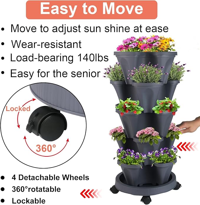 GameXcel Vertical Planter 5 Tier Stackable Planters Garden Planters Strawberry Herb Flower and Vegetable Planter Indoor Outdoor Gardening Pots with Removable Wheels and Tools - Dark Gray