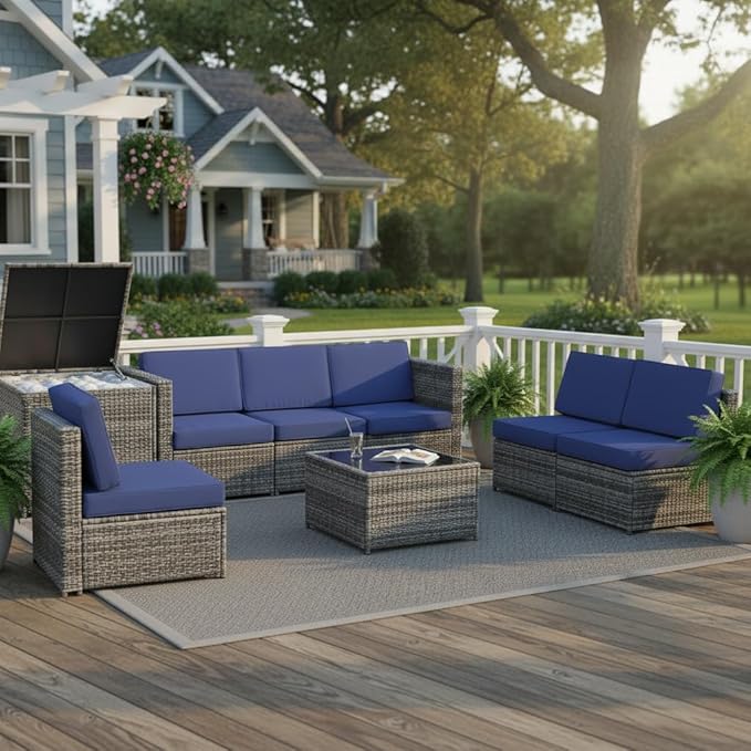 Tangkula 8 Pieces Wicker Patio Furniture Set with Storage Deck Box, PE Rattan Outdoor Sectional Sofa Conversation Set with Coffee Table & Cushions, Outside Furniture for Garden Yard Poolside (Navy)