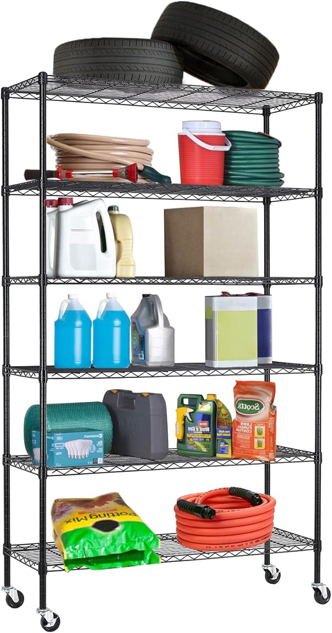 BestOffice | 6-Tier Wire Storage Shelves with Wheels | 18x48x82 | Black | Adjustable Racks | Heavy-Duty Metal Shelf, Holds Upto 510 lbs | No-Tool Assembly | Ideal for Home & Garage Shelving