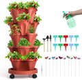 GameXcel Vertical Planter, 5 Tier Stackable Strawberry Planter with Garden Tool Set, Movable Indoor/Outdoor Garden Herb Pot for Growing Vegetables and Succulents, Red