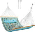 12 FT Double Quilted Fabric Hammock with Spreader Bars and Pillow 450 LBS Weight Capacity 2 Person Hammock for Outdoor Patio Backyard Poolside Blue Stripes