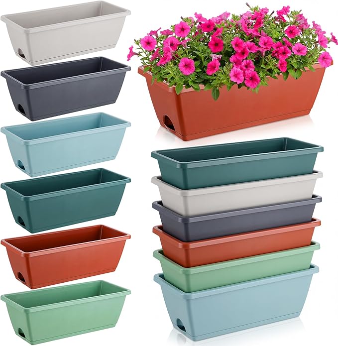12 Pack Window Box Planter 17 Inches Rectangular Vegetable Flower Planters with Drainage Holes and Saucers Plastic Flower Pots Coloful Herb Planter for Indoor Outdoor Patio Garden Home Decor