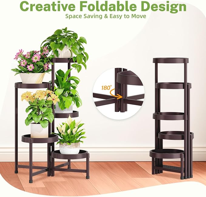 iDavosic.ly 5 Tier Folding Plant Stand Indoor Outdoor with Plastic Tray, Tiered Corner Flower Holder Shelf, Metal Orchid Display Rack for Patio Porch Living Room Garden Balcony, Bronze