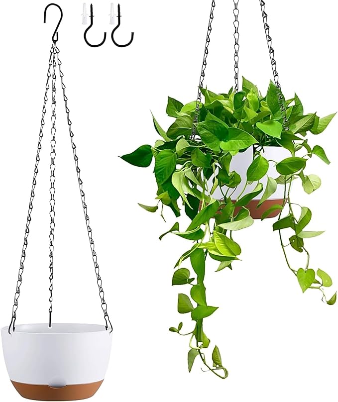 Hanging Planters for Indoor Plants, Set of 2 8/10 Inch Self-Watering Hanging Pots with Drainage Hole & Removable Water-Storage Tray II Screw-in Hooks