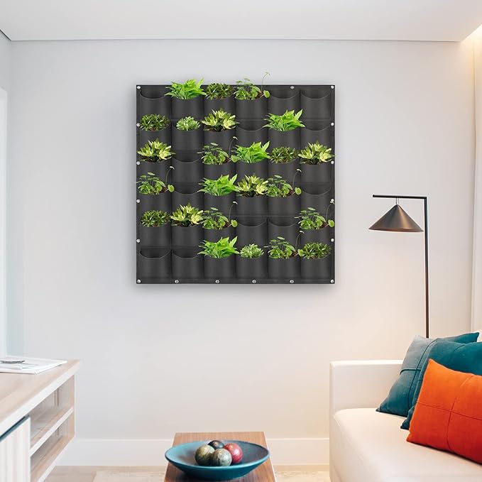 Hanging Planting Grow Bags, 36 Pockets Hanging Vertical Wall Planter Wall Mounted Grow Bag Outdoor Indoor Gardening Vertical Greening Flower Container, Planting Bags Storage Bags(1.0 m × 1.0 m, Black)