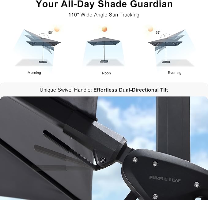 PURPLE LEAF 6' X 10' Left-right Tilt Patio Umbrella Outdoor Cantilever Swivel Rectangle Umbrella Aluminum Offset Umbrella with 360-degree Rotation for Garden Deck Pool Patio Light Grey