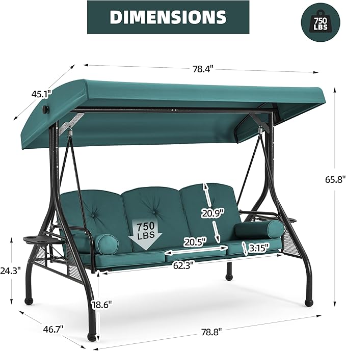 HOMREST 3 Seat Outdoor Porch Swing with Adjustable Canopy, Convertible Patio Swing Bed with Stand, Patio Glider Swing with Upgraded Cup Holder, Thicken Cushions ＆ Pillow for Backyard（Green）