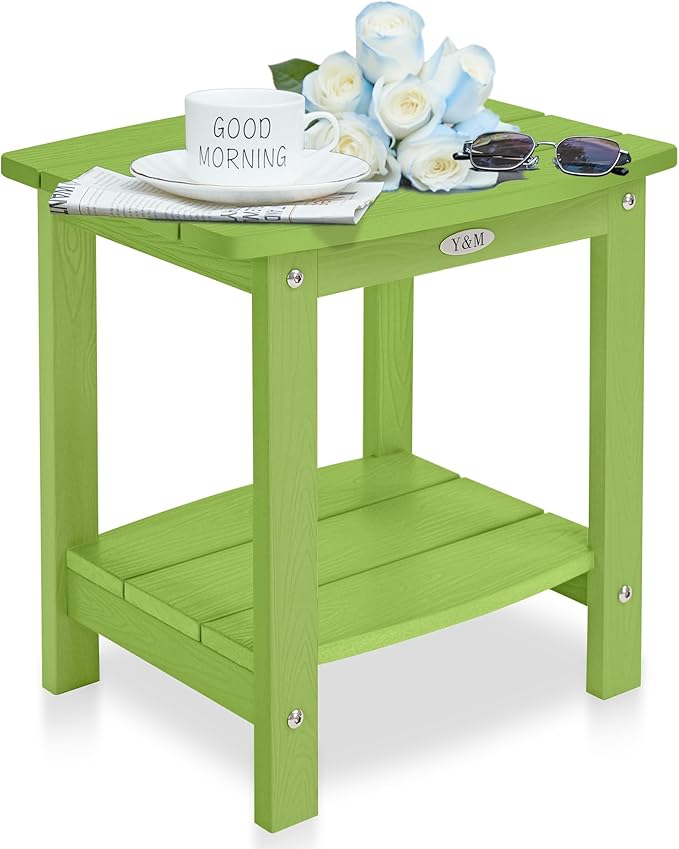 Y&M Outdoor Side Table, HIPS Adirondack Small Double Layer Table, Waterproof Square Outside Table, Balcony End Tables for Patio, Pool, Porch, Deck, Indoor or Outdoor Use, Lime