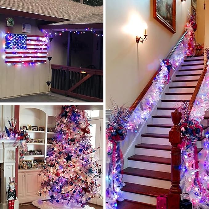 66Ft 200 LED Red White and Blue Fairy Lights Plug in, July 4th Waterproof String Lights 8 Modes with Timer for Indoor and Outdoor, American Flag Twinkle Lights for Independence Day, National Day