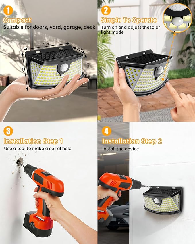 Aootek New Solar Motion Sensor Lights 120 LEDs with Lights Reflector,270° Wide Angle, IP65 Waterproof, Step Lights for Front Door, Yard, Garage, Deck (Black, Daylight White, 4-Pack)
