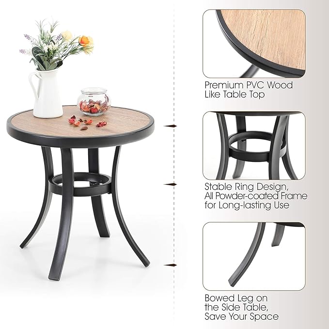 PHI VILLA Outdoor Round Side Table Set of 2, 19" Small Metal End Table with Wood Top, Outside All Weather Coffee Bistro Table for Patio, Deck, Porch, Balcony, Indoor