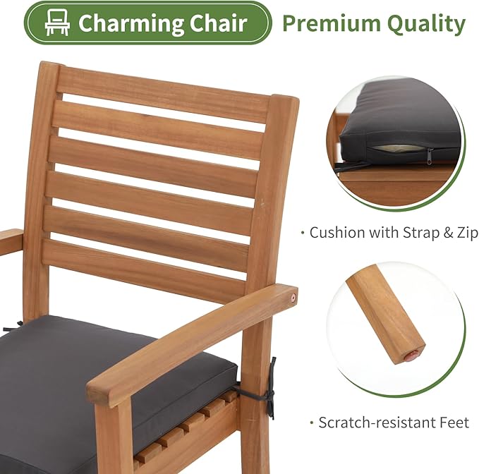 OC Orange-Casual Stackable Patio Dining Chairs Set of 6, Outdoor Acacia Wooden Chairs w/Armrest & Removeable Fabric Cushion, for Porch, Backyard, Garden, Indoor, Dark Grey