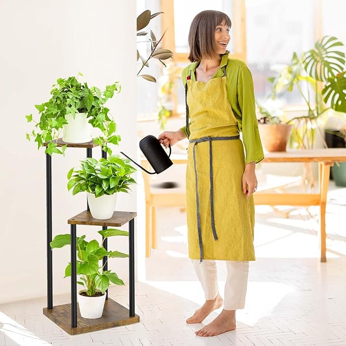 3 Tier Corner Plant Stand Indoor, Metal Wood Flower Pot Holder Shelf, Multiple Display Rack Square Table for Living Room Bedroom Orchid Outdoor Balcony Garden Patio, Modern Black & Rustic Brown
