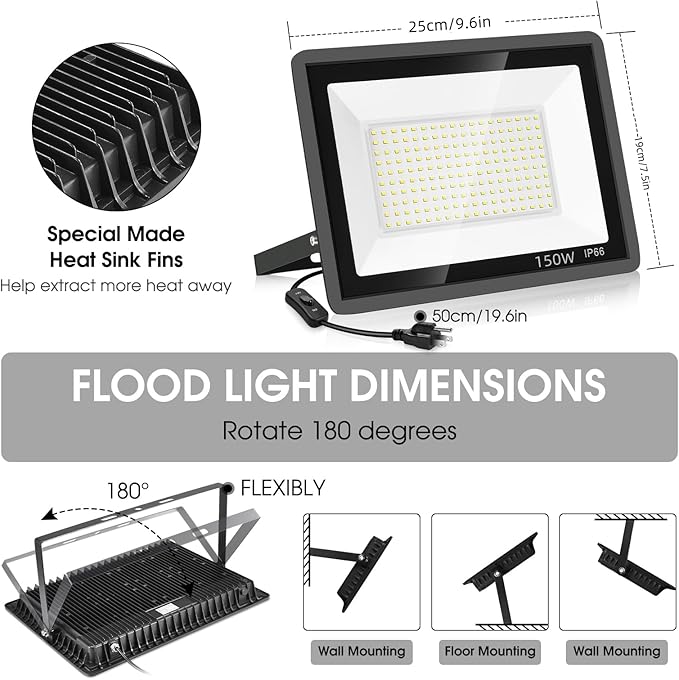 3 Pack 150W LED Flood Light Outdoor,Super Bright Exterior Security Light with Plug,IP66 Waterproof Flood Light, 15500LM 5000K Daylight White Floodlight for Yard, Garden,Basketball Court, Arena