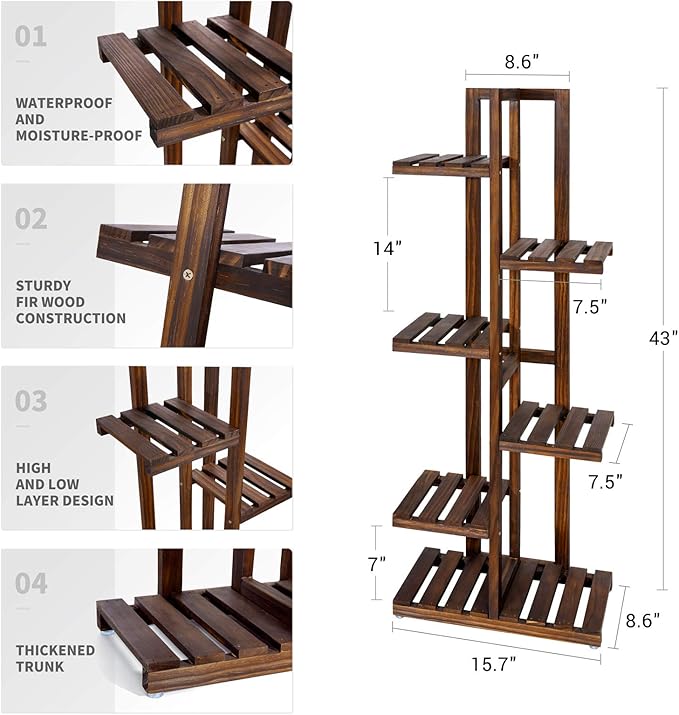 Mkono Wood Plant Stand 6 Tier 7 Potted Plant Shelf Indoor Outdoor Tall Multi-tiered Flower Pot Holder Modern Ladder Storage Rack Display Planter for Patio Garden Corner Balcony Living Room, Brown