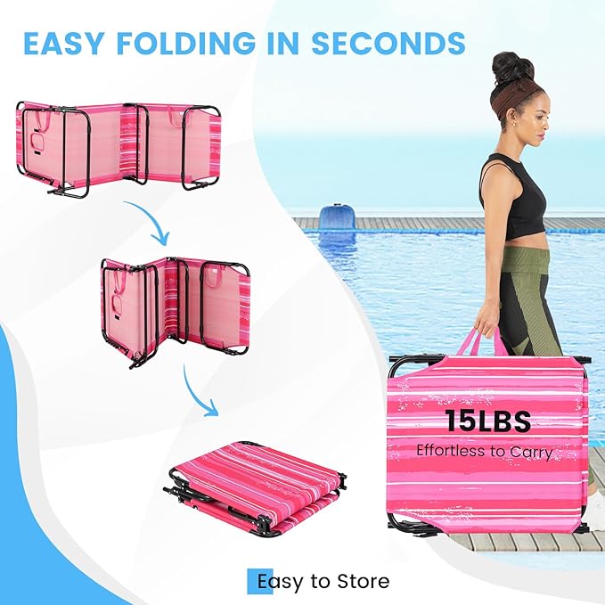GYMAX Tanning Chair, 350lbs Beach Lounge Chair with Face Hole, Washable Pillow & Carry Strap, Adjustable Folding Chaise Lounge, Layout Lounger for Outside, Patio, Poolside, Lawn (1, Pink Stripe)