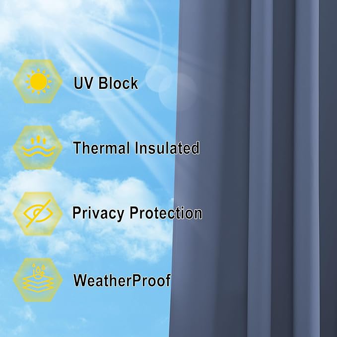 NICETOWN Outdoor Curtains for Patio Fade Resistant, Fade-Proof Curtains Grade 4 Color Fastness Certified, Waterproof Thermal Insulated Privacy Sun Shades for Porch, W52 x L84, Stone Blue, 2 Panels