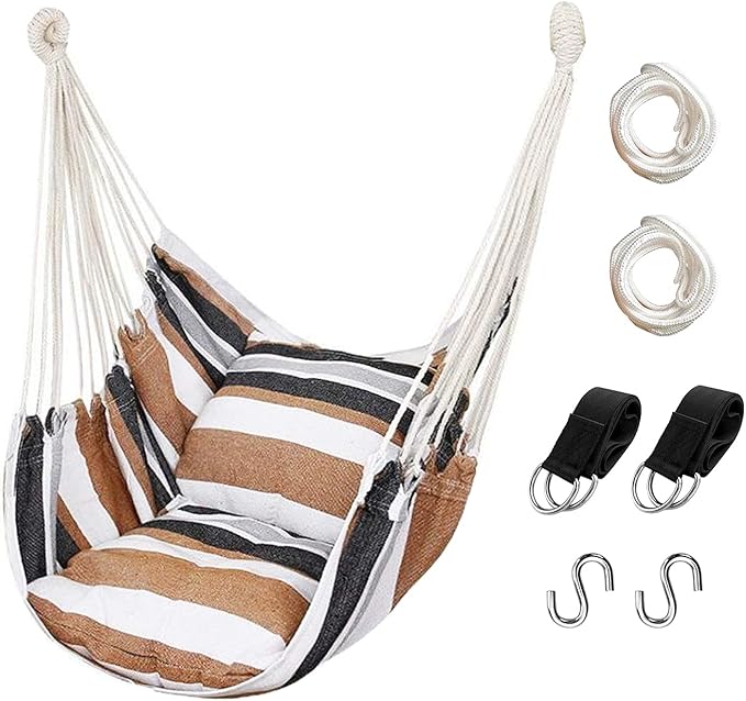 Hommtina Hammock Chair Hanging Rope Swing, Max 300 Lbs Hanging Chair with Pocket & Durability Perfect for Outdoor, Home, Bedroom, Patio, Yard (Pillows NOT Included,Khaki)