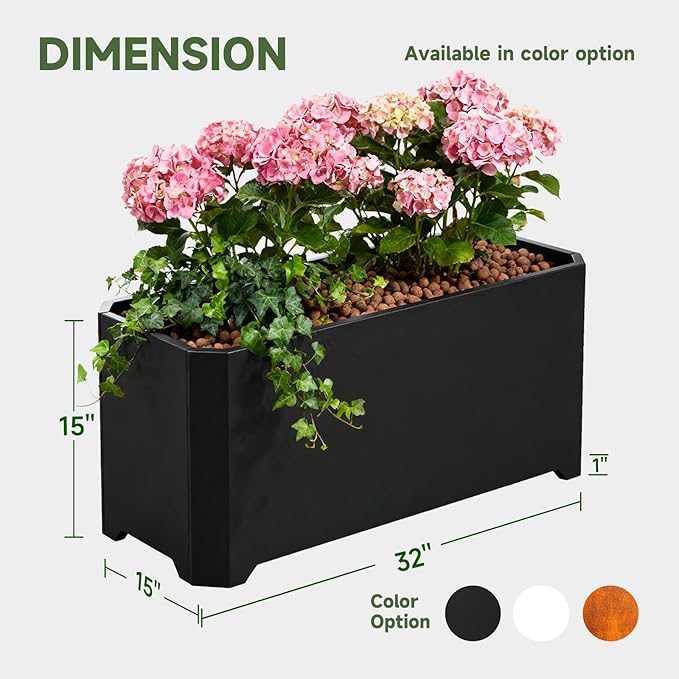 Steel Planter Box-32"x15"x15"-Rectangular Planters for Outdoor Plants, Black Matel Planter Box Raised Support Feet for Patio, Deck, Garden, Yard, Drain Holes, Easy Assembly