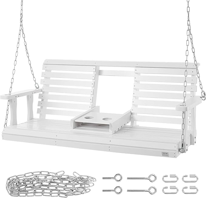 VEVOR Wooden Porch Swing 5 ft, Patio Bench Swing for Courtyard & Garden, Upgraded 880 lbs Strong Load Capacity, Heavy Duty Swing Chair Bench with Hanging Chains for Outdoors, White