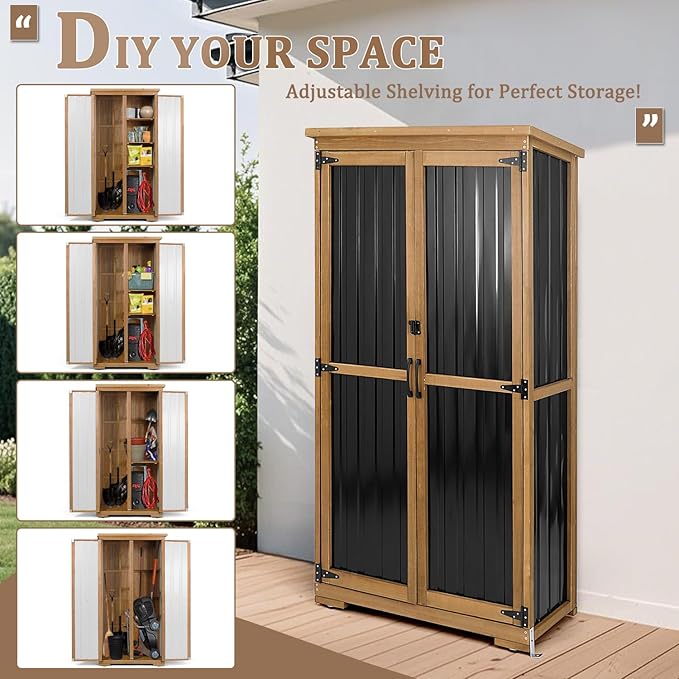 PetsCosset Outdoor Storage Cabinet, Wood & Metal Storage Shed with Weather-Resistant Roof, Removable Shelves, Lockable Doors, Outside Storage Tool Organizer for Garden, Patio, Backyard, Garage, Pool