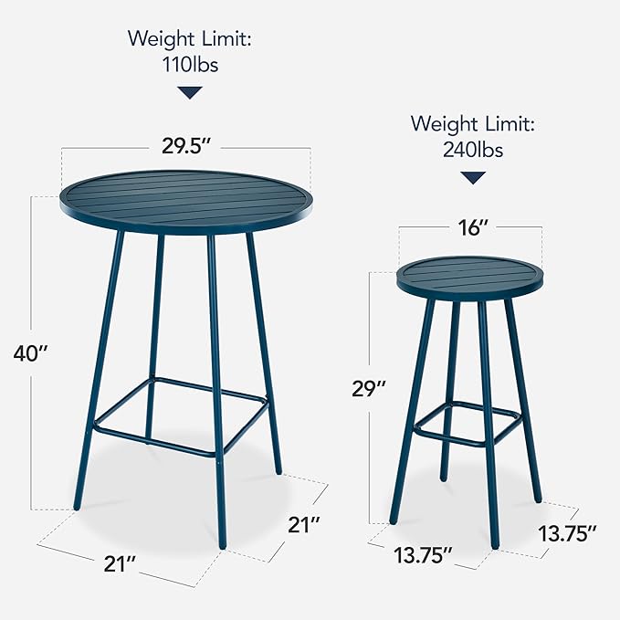 Best Choice Products 3-Piece Patio Dining Set, Bar Height, Outdoor Bistro Set, Outdoor Round Bar Table w/ 2 Bar Stools, Steel - Peacock Blue