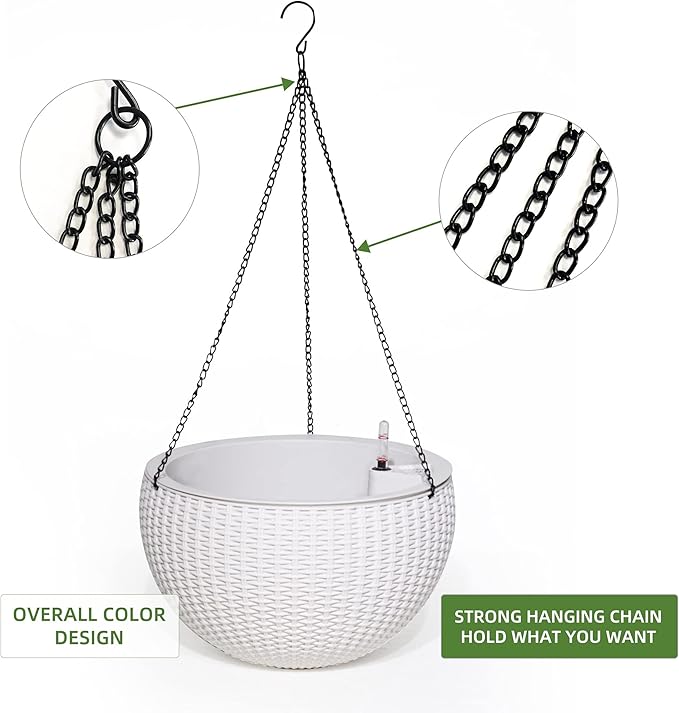 Dexceder 13.5 Inch Large Self Watering Hanging Planters Indoor Outdoor, Thickened Hanging Basket Flower Plant Pot with Water Level Indicator (White)