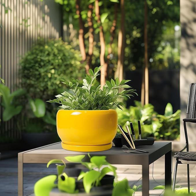 SQOWL 10 Inch Plant Pot - Ceramic Planter with Drainage Hole and Saucer, Modern Large Flower Pot for Indoor Outdoor Plants, Decorative Round Planter, Home Decor, Gifts for Gardeners Woman, Yellow