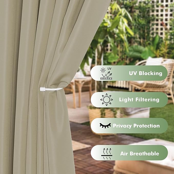 HolidayIdeas Waterproof Outdoor Curtains for Patio, 6 Panels - 54x108 Inches - Weatherproof Privacy Outsides Curtains for Backyard Porch Gazebo, Sunlight & UV Blocking (Taupe, Grommet Top)