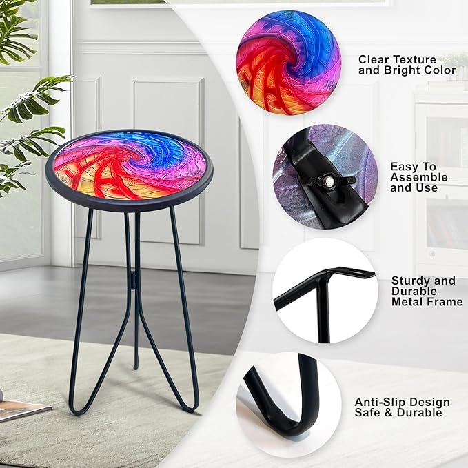 LIFFY Patio Side Tables,12" Metal Outdoor Side Table with Colorful Glass Tabletop,Small Round Decorative Metal End Table & Plant Tables for Home Garden Yard Balcony
