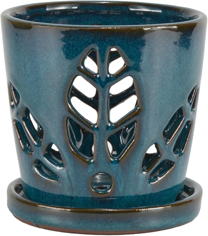 W&W Orchid Pot with Holes and Saucer for Repotting, Teal, 5.5 Inch
