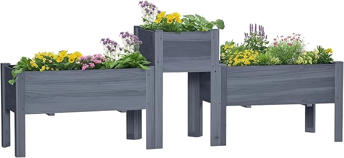 Outsunny Raised Garden Bed Set of 3, Wooden Elevated Planter Box with Legs and Bed Liner, for Backyard and Patio to Grow Vegetables, Herbs, and Flowers, Gray