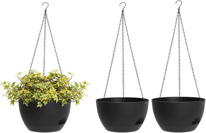 Hanging Planters 3-Pack, 8 Inch Self-Watering Hanging Pots with Drainage Hole and Chains, Plastic Planters for Indoor Outdoor（Black）
