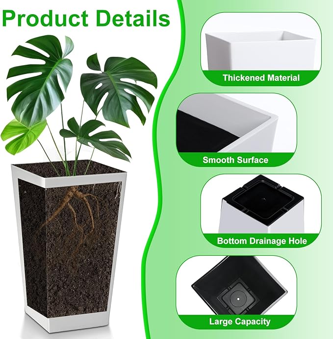 Hushee Set of 4 Tall Outdoor Planters 21 Inch Tall Tapered Square Planter with Drainage Hole Large Flower Tree Plant Pot Resin Flower Pots for Front Porch Door Garden Patio Indoor